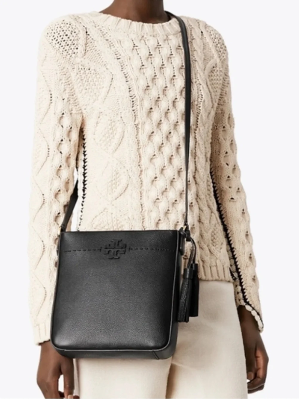Tory Burch Black Leather Swingpack Crossbody with Tassel